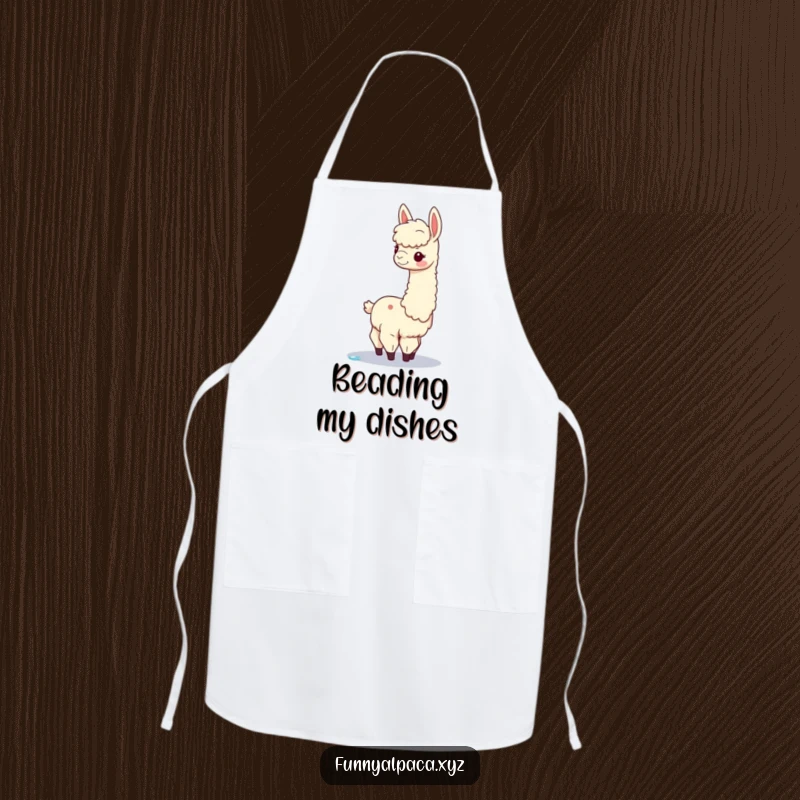 Funny alpaca apron depicting a graceful alpaca balancing a dewdrop, ideal for a humorous and functional kitchen accessory.