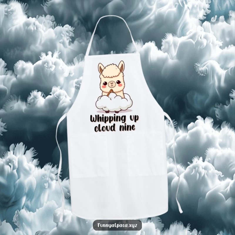 Funny apron showing a content alpaca character chewing a cloud, perfect for chefs who bring imaginative and humorous ideas to their cooking.