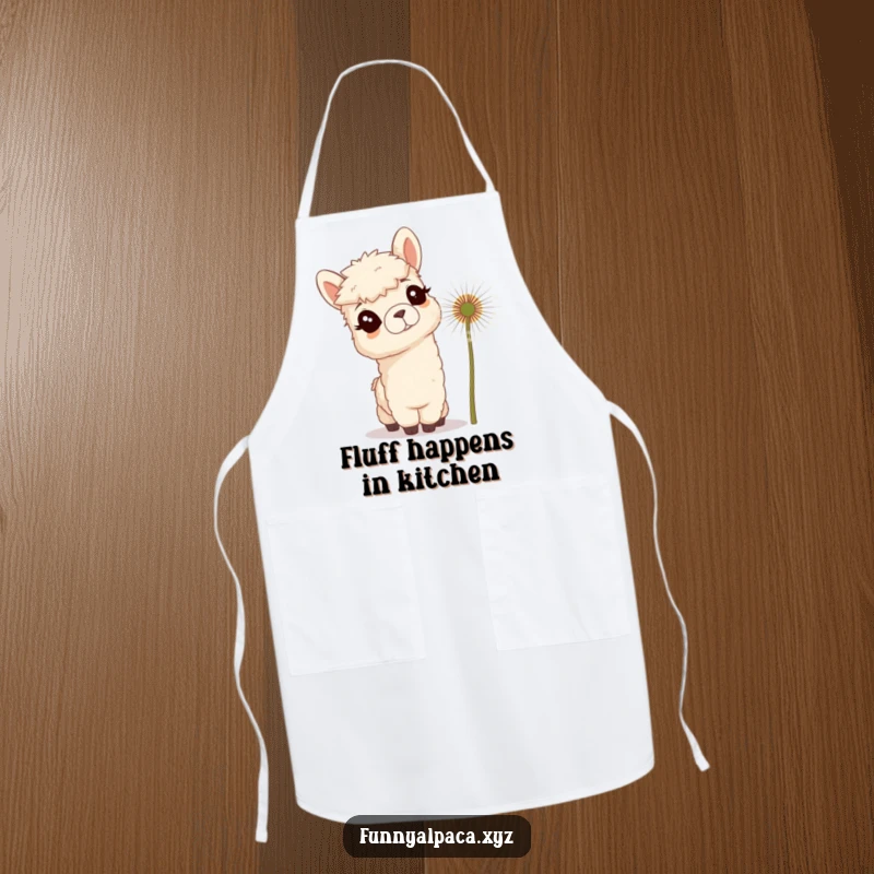Funny kitchen apron featuring a curious alpaca with tufted ears tilting its head towards a giant dandelion, adding humor to cooking.