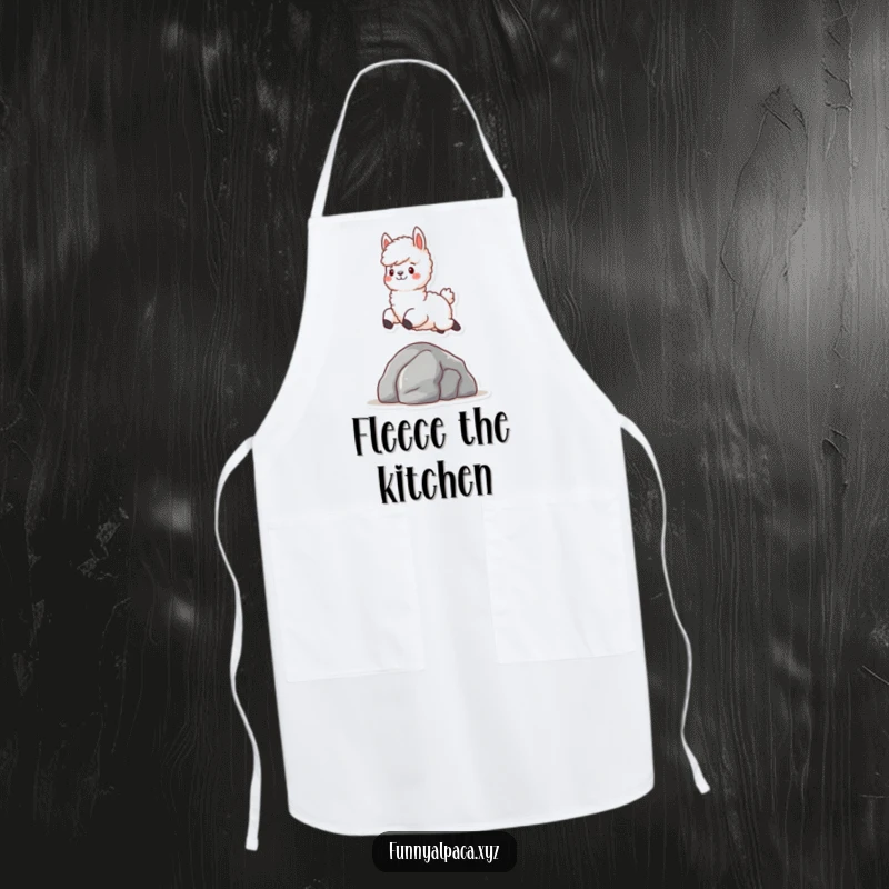 Funny Fluffy Alpaca Apron: A functional apron featuring a fluffy alpaca character joyfully leaping over a rock, perfect for adding whimsy to cooking.