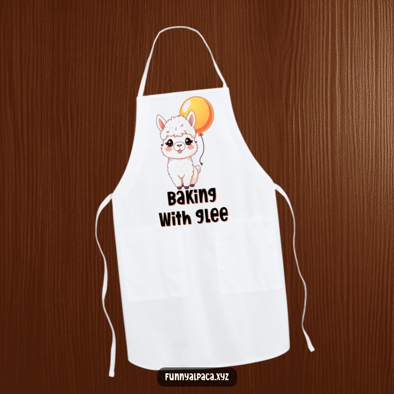Funny apron featuring a joyful alpaca with bright eyes nudging a colorful balloon, adding a cheerful vibe to cooking.