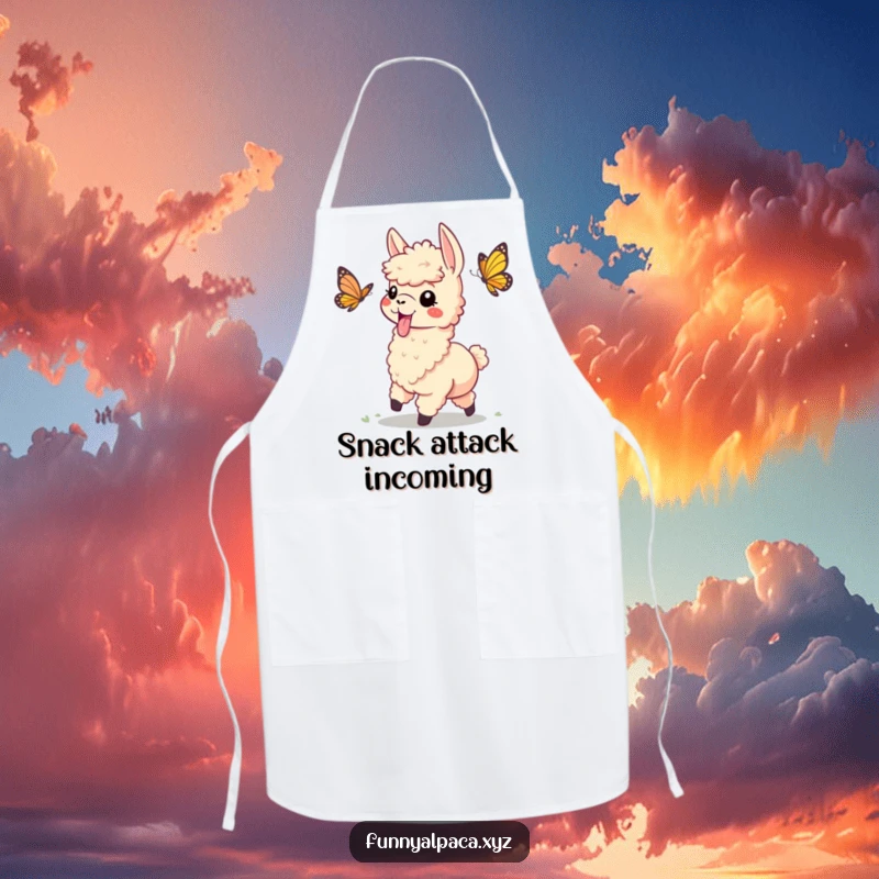 Funny apron featuring a playful alpaca with its tongue sticking out, chasing a butterfly, adding a humorous touch to cooking.