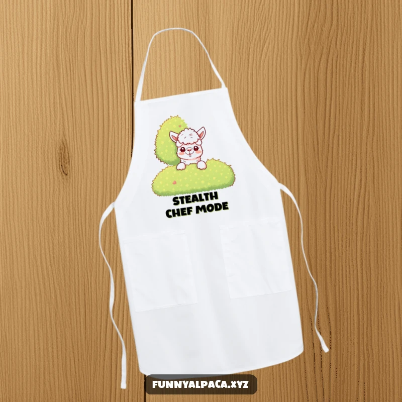 Funny Alpaca Apron: A curious alpaca peeks from behind a bush, adding a charmingly humorous element to kitchen wear.