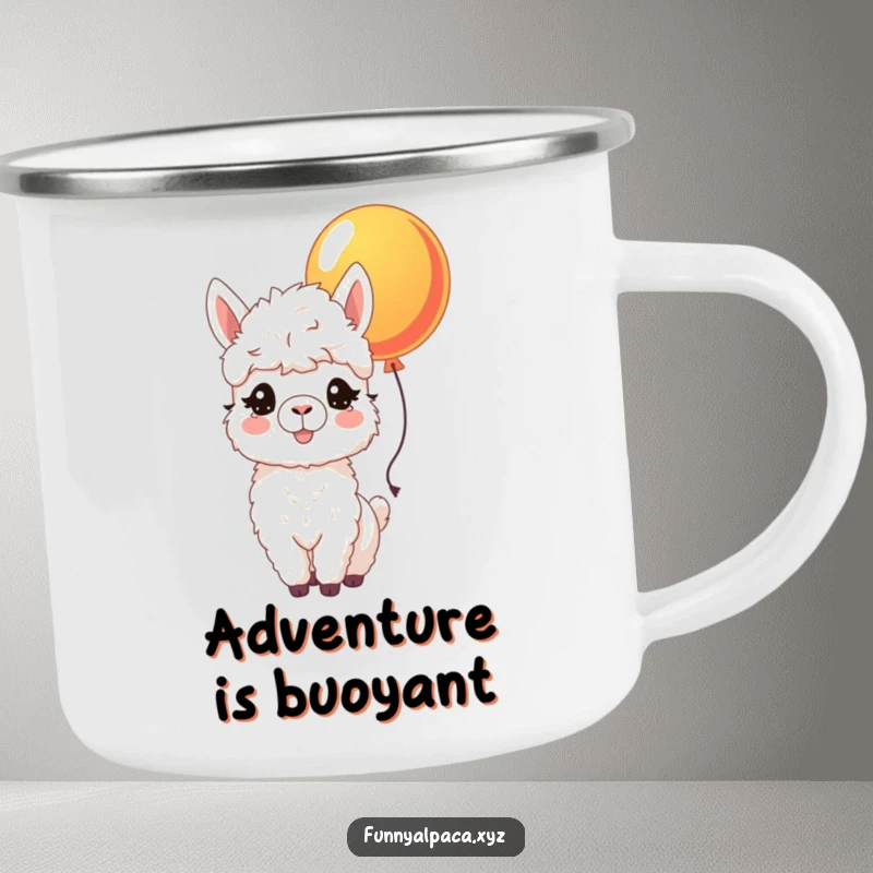 Funny enamel camping mug with a joyful alpaca nudging a colorful balloon, perfect for happy outdoor moments.