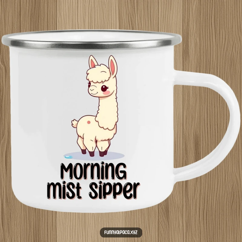 Funny alpaca camping mug showing a graceful alpaca balancing a dewdrop, perfect for outdoor enthusiasts who appreciate elegant humor.