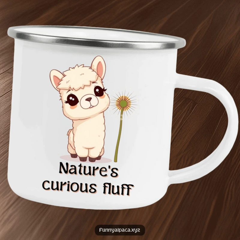 Funny enamel camping mug showing a curious alpaca tilting its head towards a giant dandelion, ready for outdoor adventures.