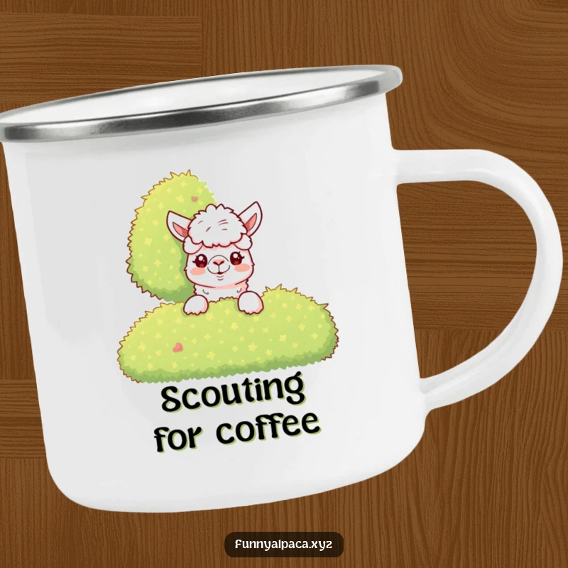 Funny Alpaca Camping Mug: A curious alpaca peeks from behind a bush, perfect for enjoying drinks outdoors with a smile.