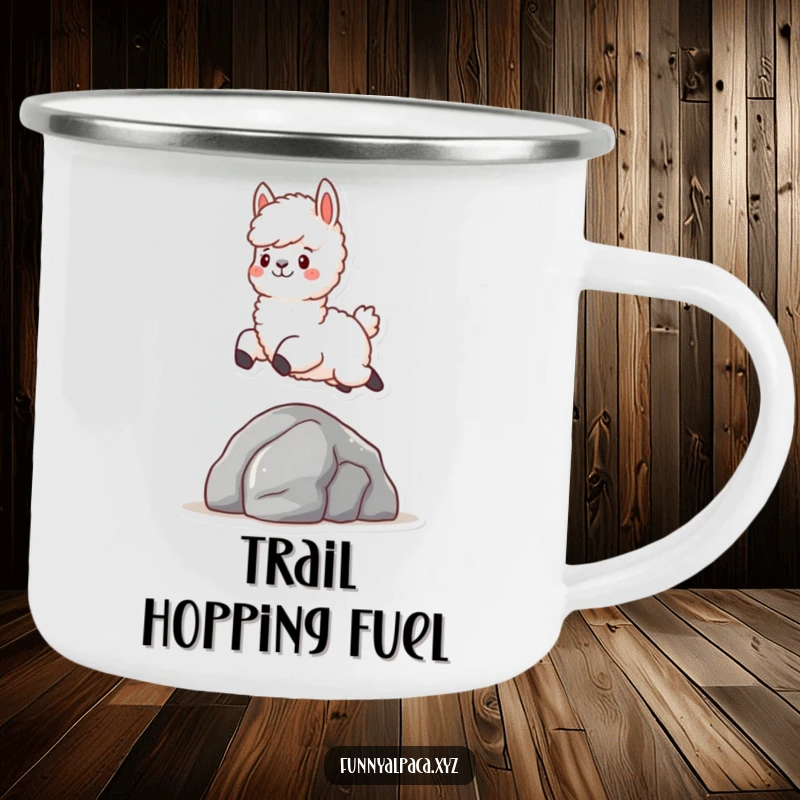 Funny Fluffy Alpaca Camping Mug: A rugged mug with a fluffy alpaca character joyfully leaping over a rock, perfect for outdoor enthusiasts.