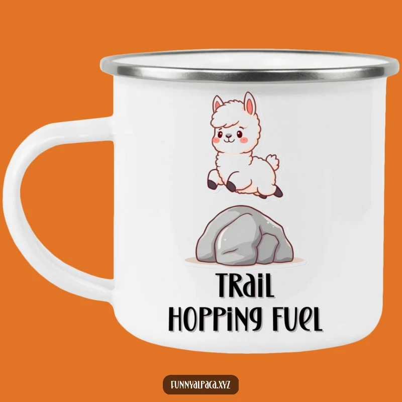 Funny Fluffy Alpaca Camping Mug: Leaping Over Rock, Outdoor Fun