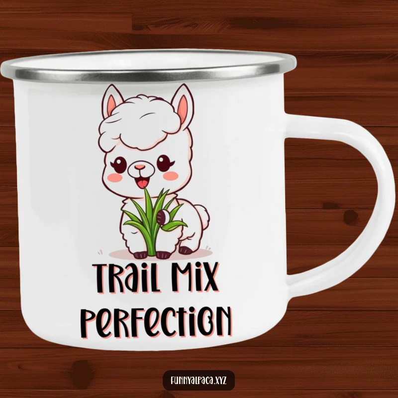 Funny Alpaca Camping Mug: A happy alpaca munches grass, perfect for enjoying drinks outdoors with a smile.