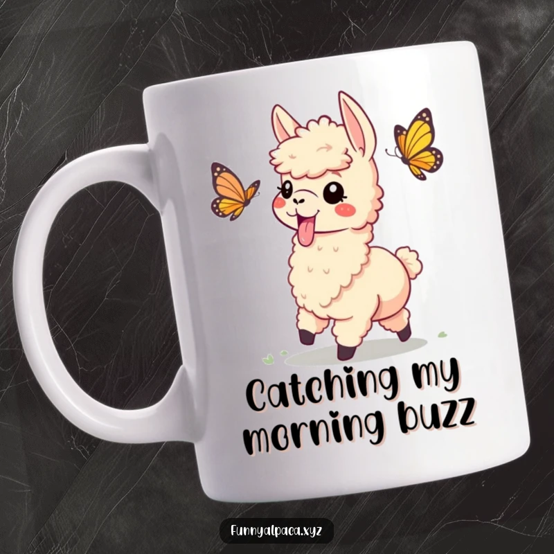 Funny ceramic mug featuring a playful alpaca with tongue sticking out, comically chasing a butterfly, embodying pure fun and mischief.