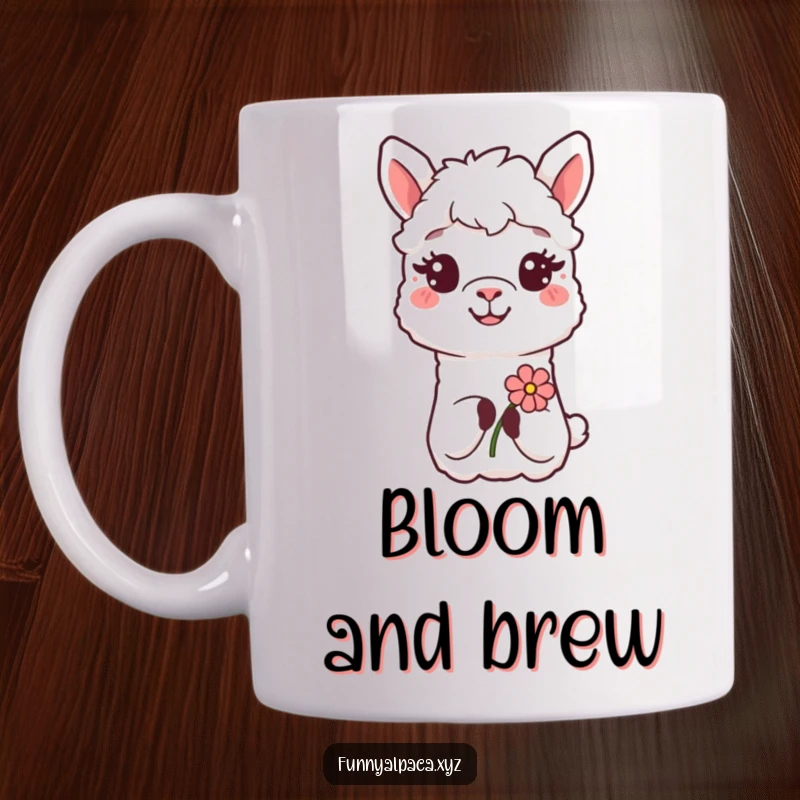 Funny Alpaca Flower Gift Mug: A smiling alpaca presents a beautiful flower, symbolizing cheerful kindness.