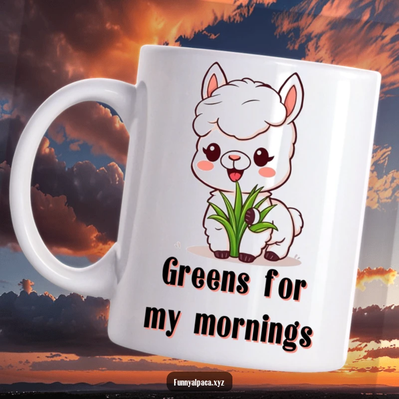 Funny Alpaca Grass Munching Mug: A content alpaca happily munches on grass, radiating peaceful humor.