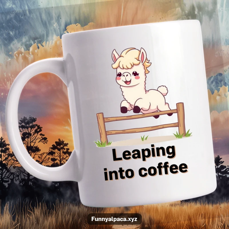 Funny alpaca mug with flowing mane and grin, joyfully leaping over a small fence, embodying energetic humor.