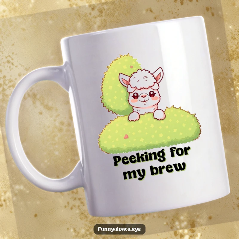 Funny Alpaca Bush Peek Mug: A shy alpaca curiously peeks from behind a large green bush, full of intrigue.
