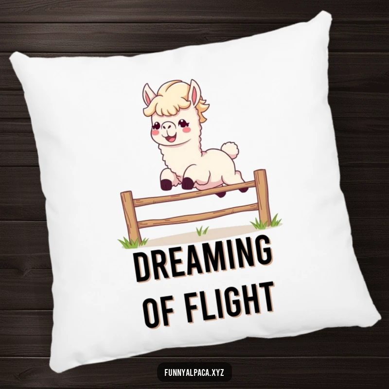 Funny alpaca pillow leaping, bringing cozy animal humor and cheerful vibes.