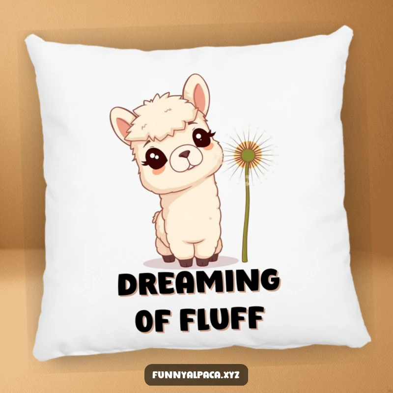 Funny decorative pillow with a curious alpaca tilting its head towards a giant dandelion, offering a soft and humorous touch.