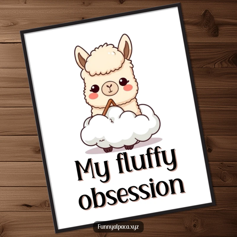 Funny digital art print of a content alpaca character chewing a fluffy cloud, symbolizing creativity and a whimsical sense of humor for instant decor.