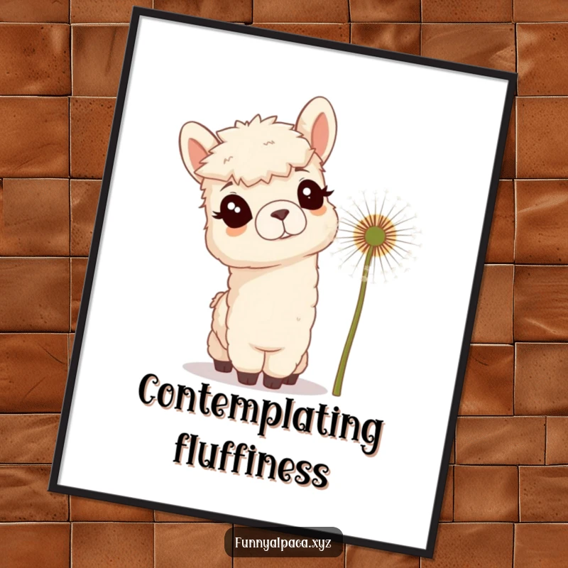 Funny digital art print of a curious alpaca with tufted ears tilting its head towards a giant dandelion, full of wonder.