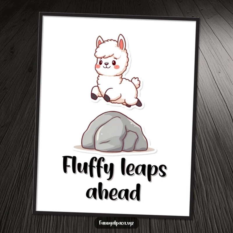 Funny Fluffy Alpaca Digital Art Print: High-quality artwork of a fluffy alpaca character joyfully leaping over a rock, perfect for digital or print.