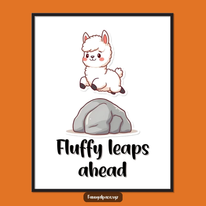 Funny Fluffy Alpaca Digital Art Print: Leaping Over Rock, Instant Whimsy