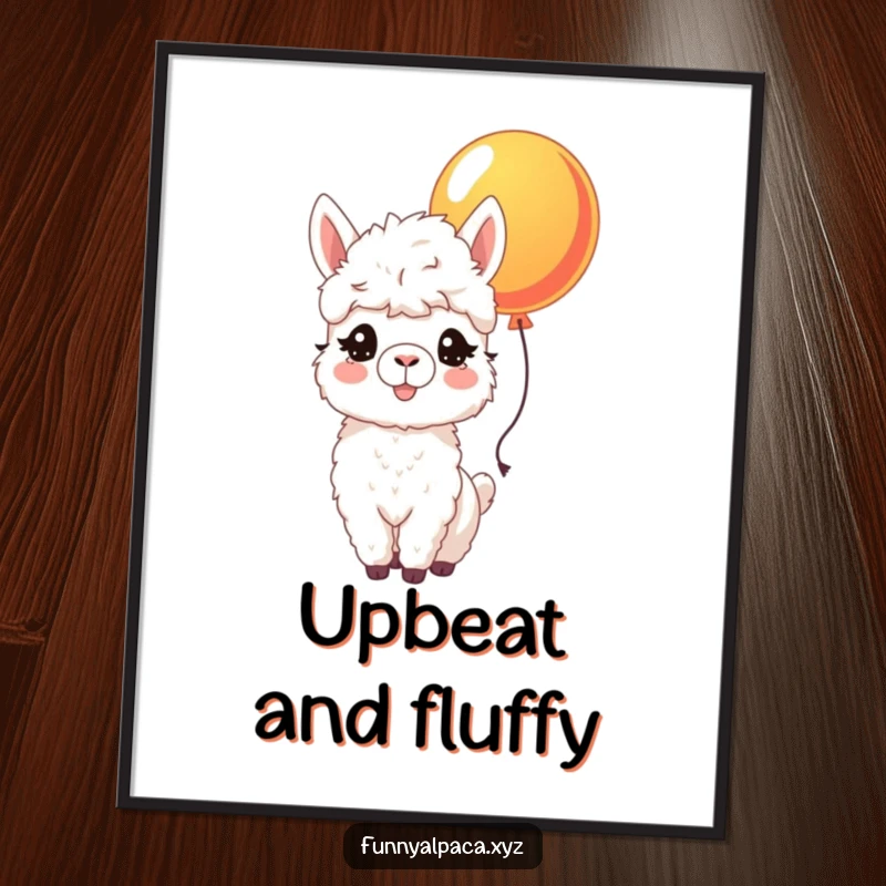 Funny digital art print of a joyful alpaca with bright eyes nudging a colorful balloon, radiating pure happiness.