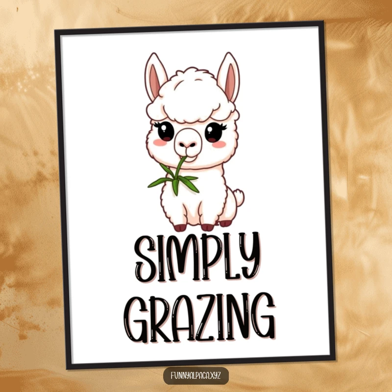 Funny alpaca digital art print of a determined alpaca nibbling a green sprig, bringing a humorous and cute vibe to any digital space.