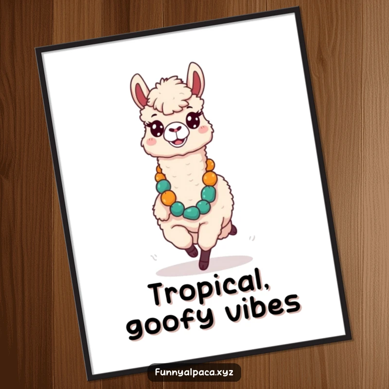 Funny digital art print of a silly alpaca with a comical expression running with a large lei, full of tropical cheer.