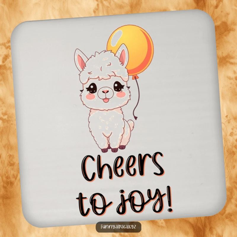 Funny drink coaster with a joyful alpaca nudging a colorful balloon, bringing cheer to any surface.