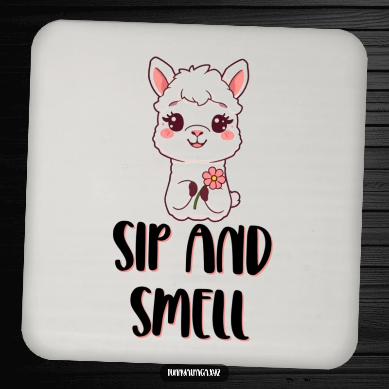 Funny Alpaca Flower Coaster: A smiling alpaca offers a flower, providing a charming and humorous surface protector.