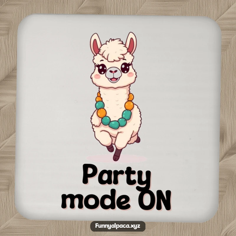 Funny drink coaster with a silly alpaca running with a large lei, bringing tropical fun to any surface.