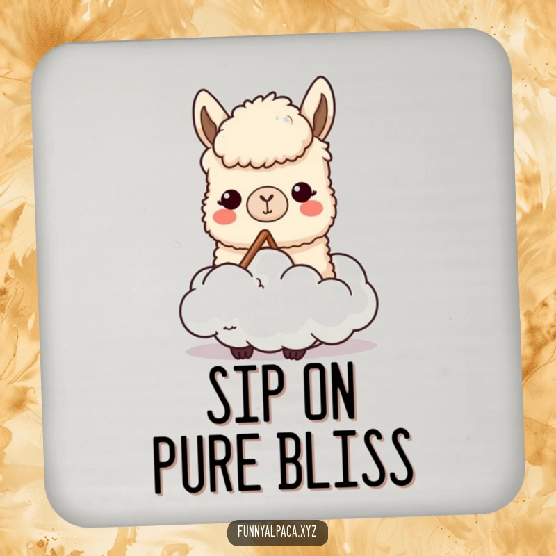 Funny drink coaster featuring a content alpaca character chewing a cloud, adding a humorous and decorative element to any beverage station.