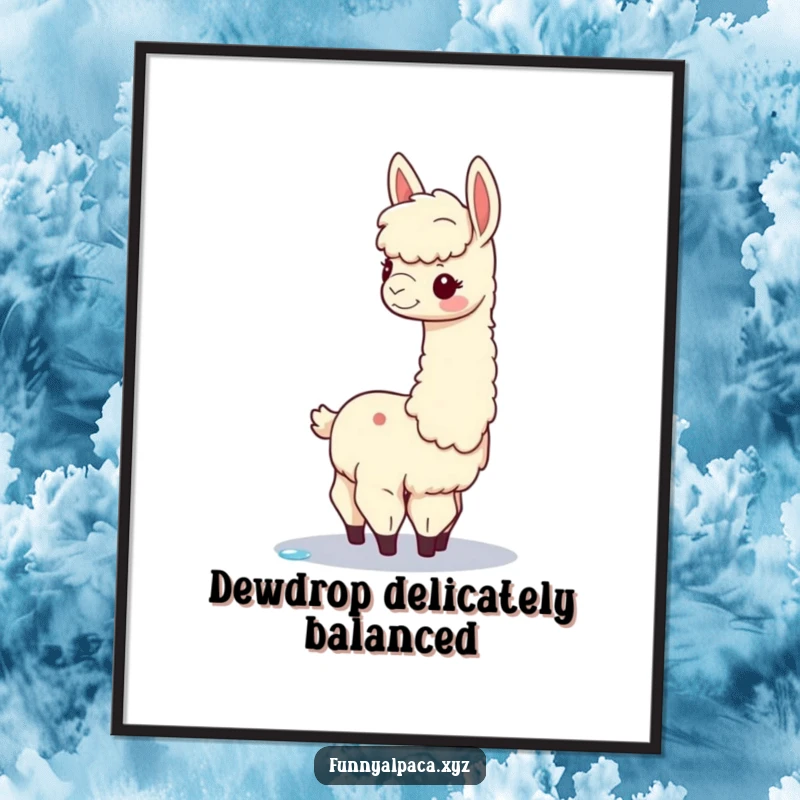 Funny alpaca poster showing a graceful alpaca with a long neck balancing a dewdrop, adding a touch of serene humor and elegance to wall decor.