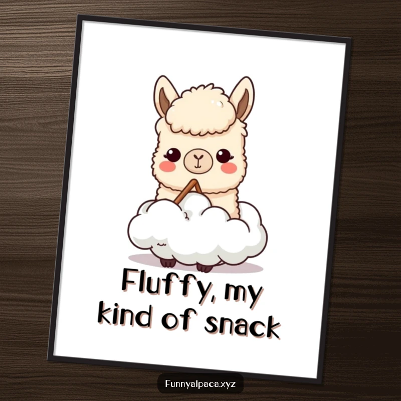 Funny poster depicting a content alpaca character mid-chew on a fluffy cloud, conveying a humorous and imaginative artistic statement.