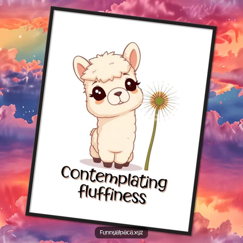 Funny wall art poster of a curious alpaca with tufted ears tilting its head, gazing at a giant dandelion with gentle wonder.