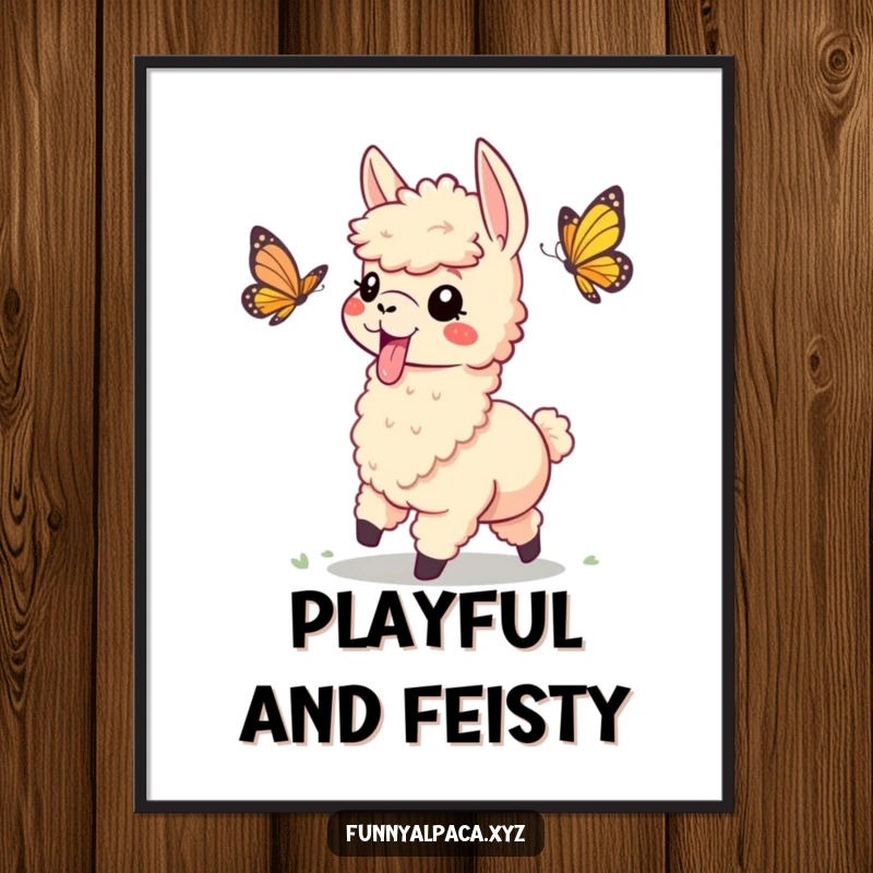 Funny poster art of a playful alpaca with its tongue sticking out, comically chasing a colorful butterfly, full of mirth.
