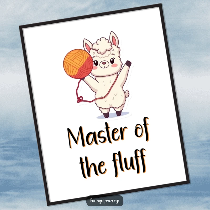 Funny Alpaca Yarn Poster: An energetic alpaca tosses a ball of yarn, bringing playful charm to wall art.