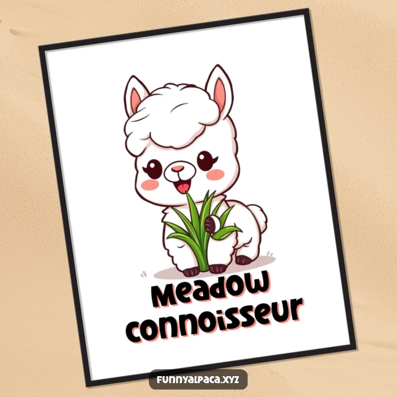 Funny Alpaca Grass Poster: A delightful alpaca contentedly eats grass, capturing a tranquil and humorous moment.