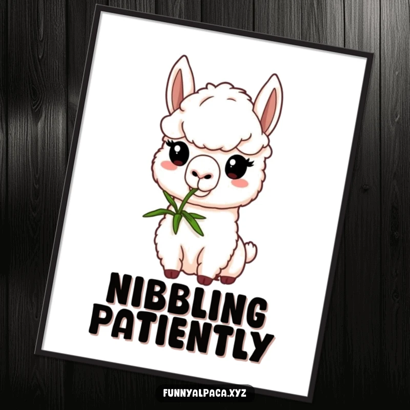Funny alpaca poster showing a determined alpaca character intently nibbling a green sprig, adding a touch of cute perseverance and humor to wall decor.