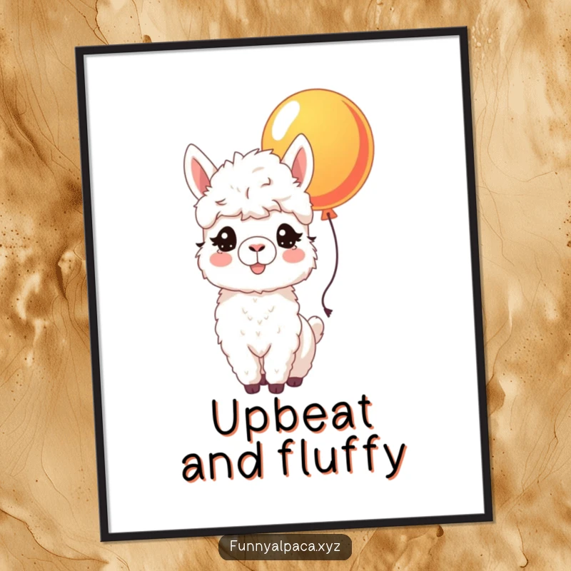 Funny poster artwork of a joyful alpaca with a fluffy coat and bright eyes, nudging a colorful balloon, evoking pure happiness.
