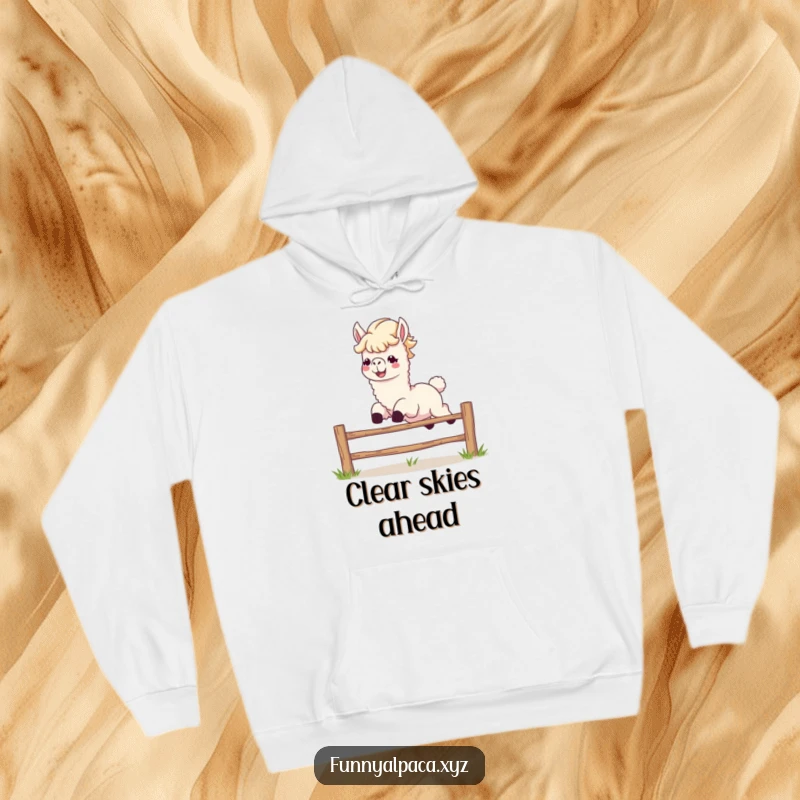 Funny alpaca hoodie leaping, offering cozy animal humor and a joyful design.