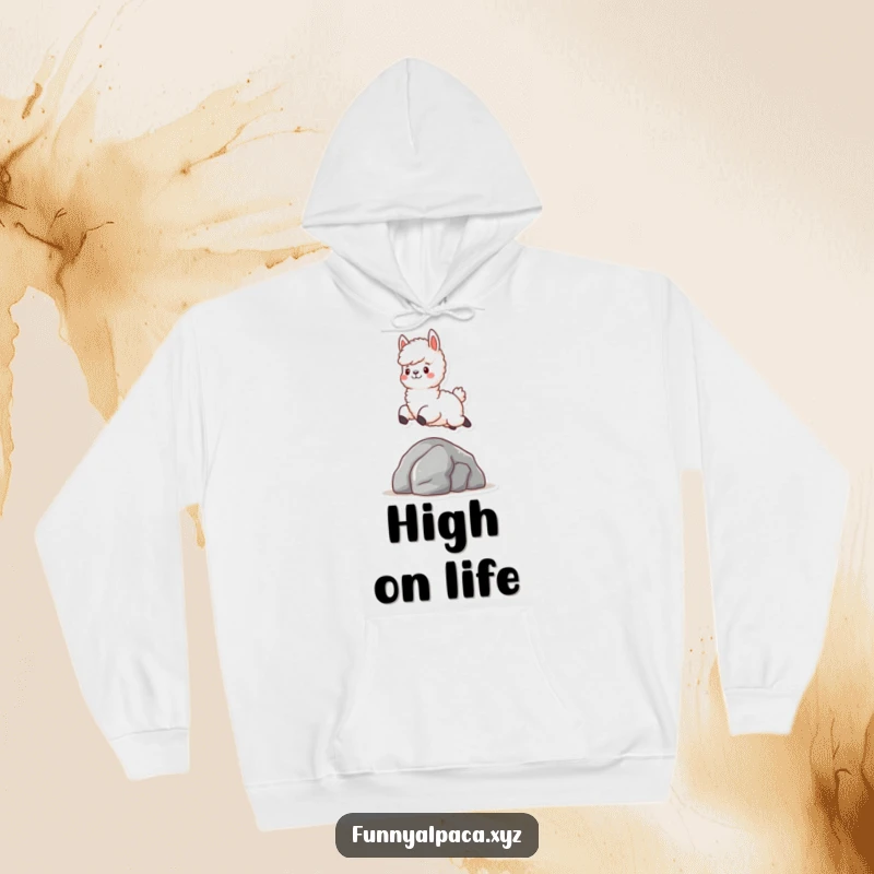 Funny Fluffy Alpaca Hoodie: A warm, plush hoodie featuring a fluffy alpaca character joyfully leaping over a rock, perfect for cozy, playful wear.