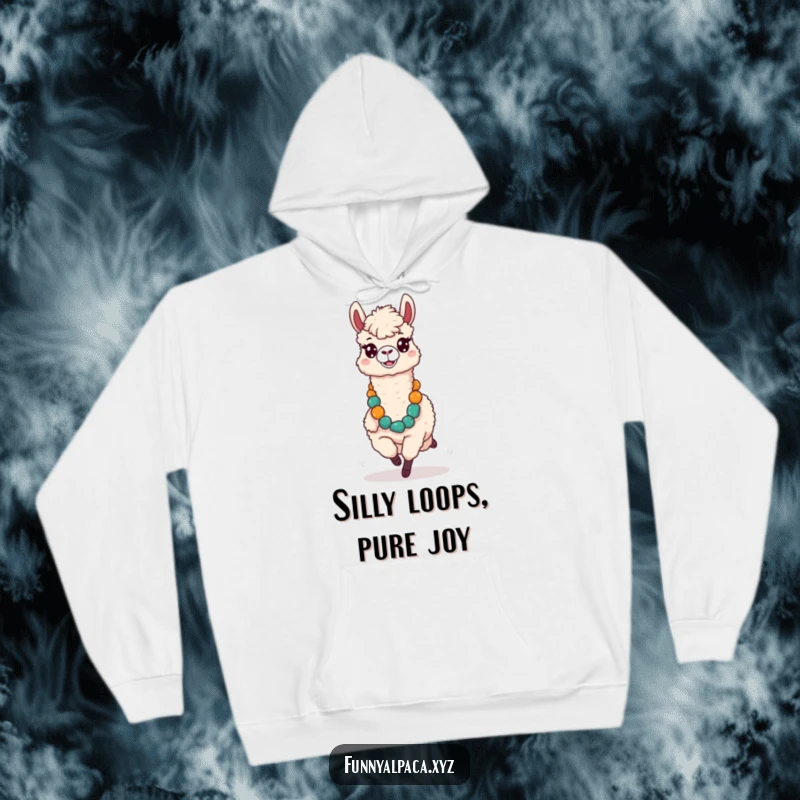 Funny hoodie with a silly alpaca, comical expression, running with a large lei, radiating carefree fun and tropical energy.