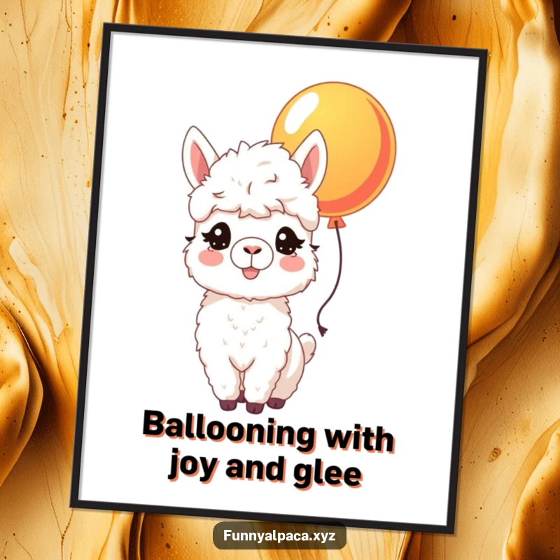 Funny Free Printable Wall Art: Joyful alpaca with fluffy coat nudging a colorful balloon with bright eyes.