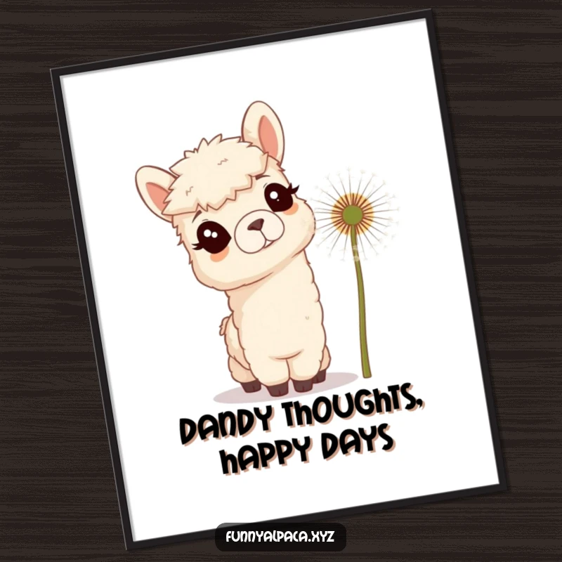 Funny Free Printable Wall Art: Curious alpaca with tufted ears tilting head at a giant, fluffy dandelion.
