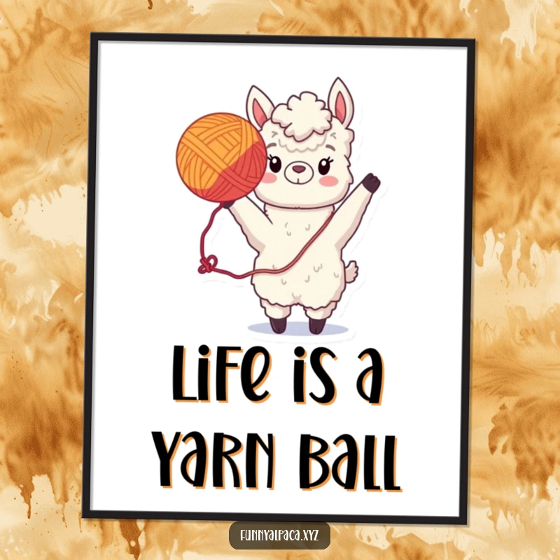 Funny Free Printable Wall Art: Playful alpaca tossing a vibrant yarn ball, creating a dynamic and cheerful piece of downloadable art.