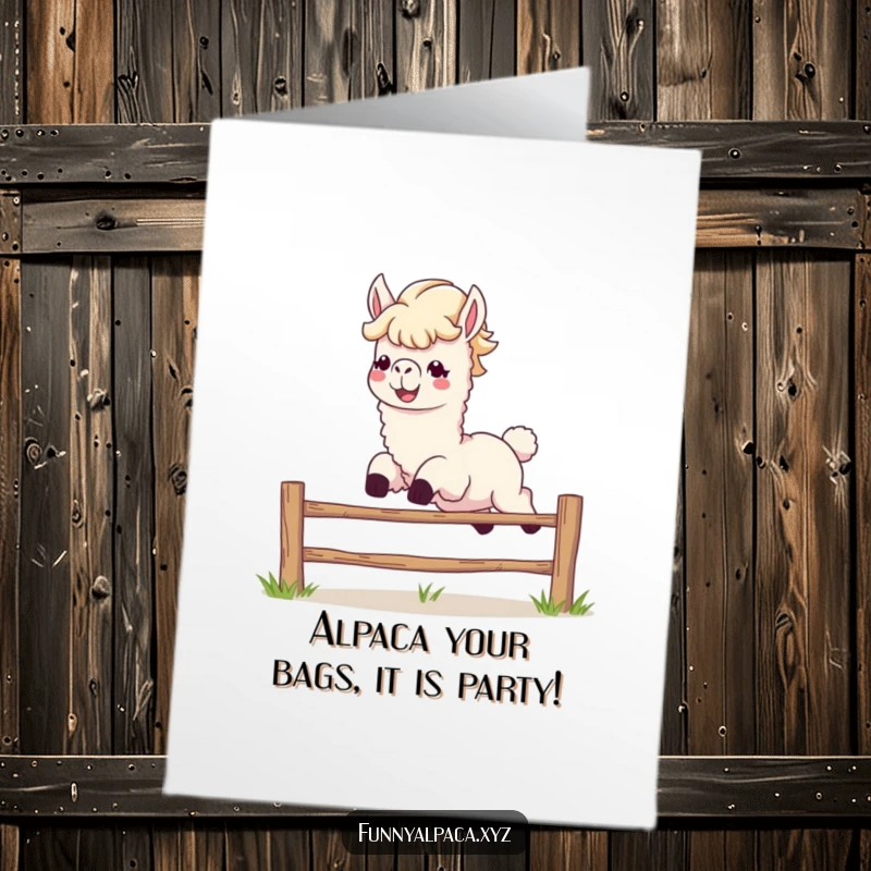 Funny free printable birthday card: An energetic alpaca with a flowing mane grins while leaping over a small fence.