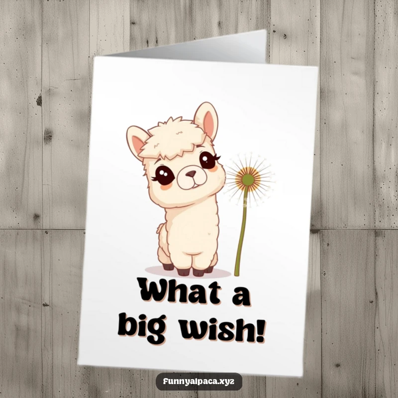 Funny Free Printable Birthday Card: Curious alpaca with tufted ears tilting head at giant fluffy dandelion.