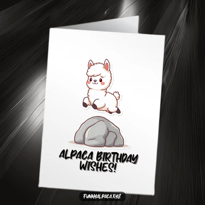 Funny Free Printable Birthday Card: A fluffy alpaca character joyfully leaping over a small rock, celebrating with happy energy. Downloadable.