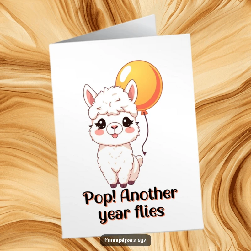 Funny Free Printable Birthday Card: Joyful alpaca with fluffy coat nudging a bright, colorful balloon.